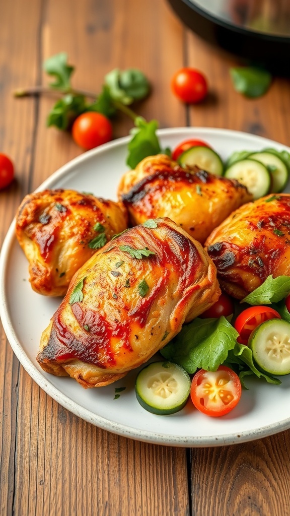 Easy Low Carb Air Fryer Chicken Thighs Crispy air fryer chicken thighs served with a fresh salad on a wooden table.